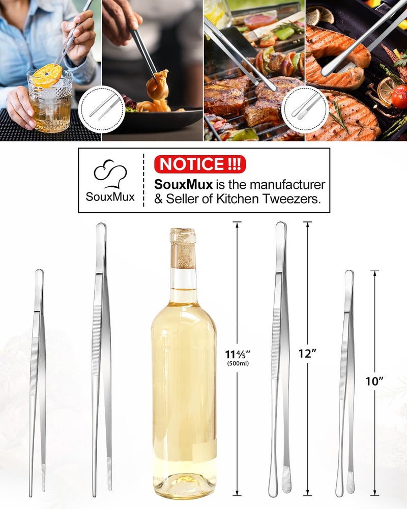 SouxMux 2 Pcs 12-inch Cooking Tweezers Tongs Precision Serrated Tips, Stainless Steel Professional Chef Tweezer Kitchen Tools for BBQ, Plating and Serving（Silver） - Image 3